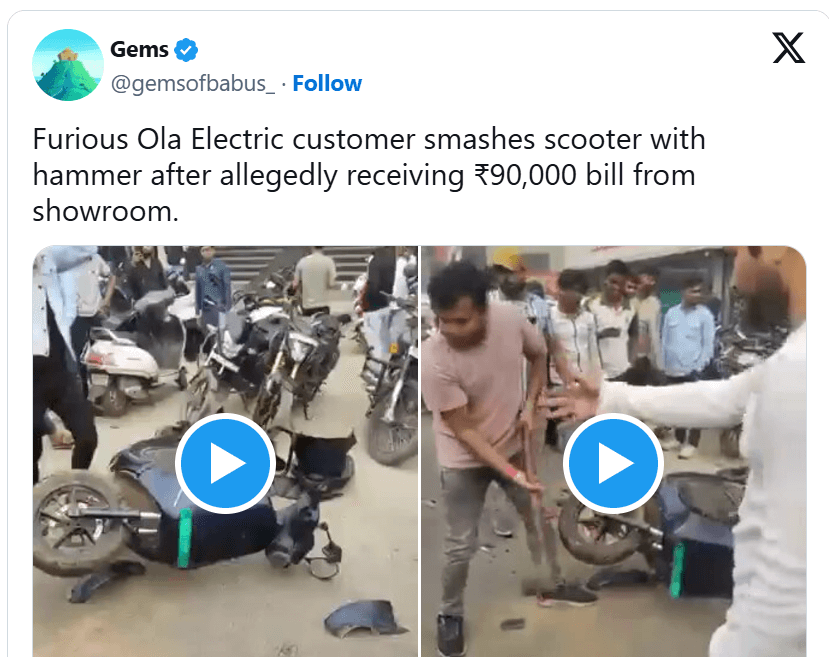 Man Smashes Ola Scooter After Receiving Rs 90,000 Repair Bill