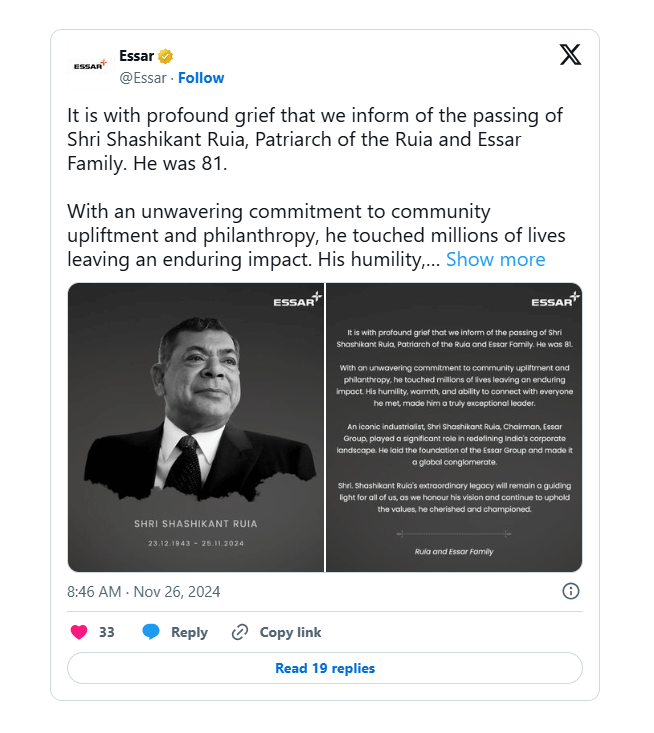 Essar Group Co-Founder Shashi Ruia Passes Away at 81