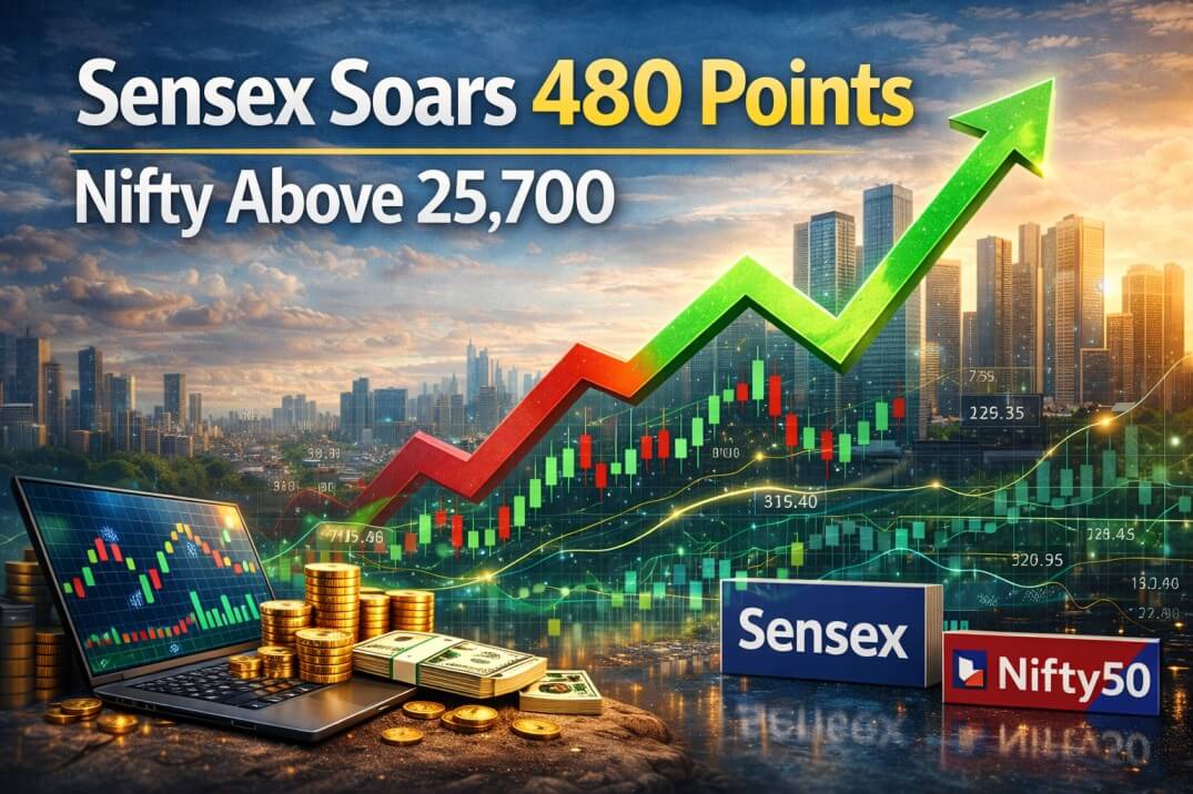 Sensex Soars 480 Points, Nifty Above 25,700