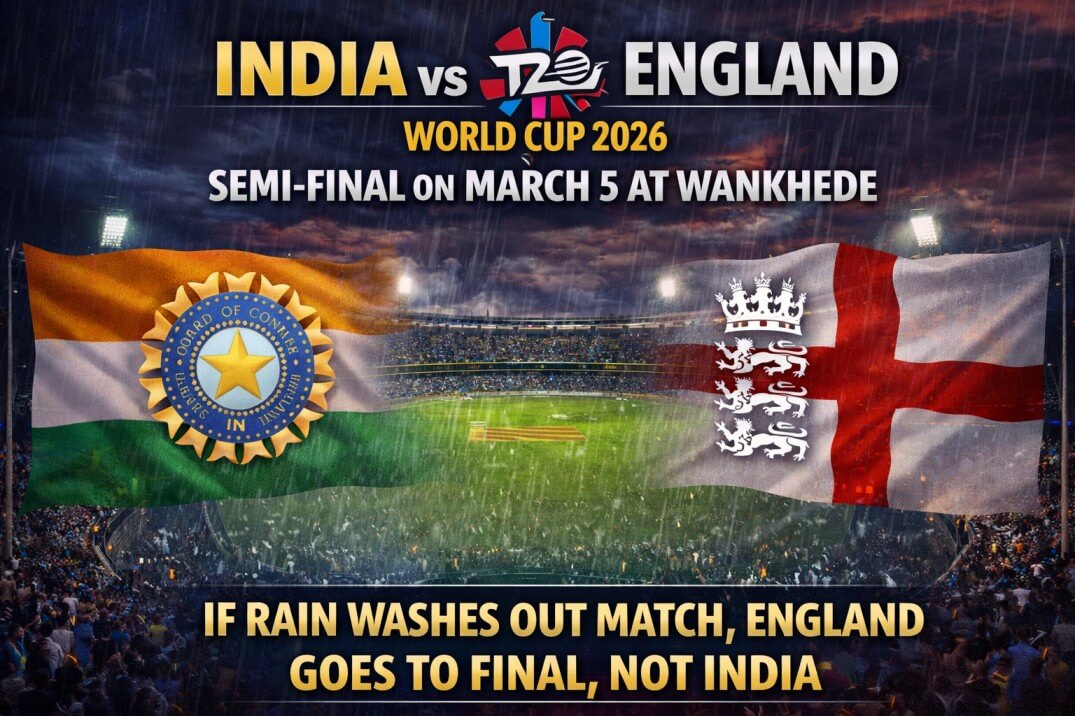 5 मार्च वानखेड़े में भारत vs इंग्लैंड T20 WC सेमीफाइनल — बारिश से मैच रद्द हुआ तो इंग्लैंड फाइनल में, भारत बाहर