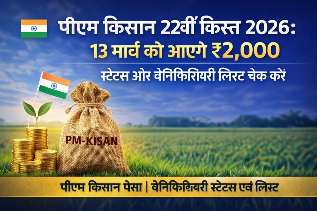 पीएम किसान 22वीं किस्त 2026: 13 मार्च को आएंगे ₹2,000 – स्टेटस और बेनिफिशियरी लिस्ट चेक करें