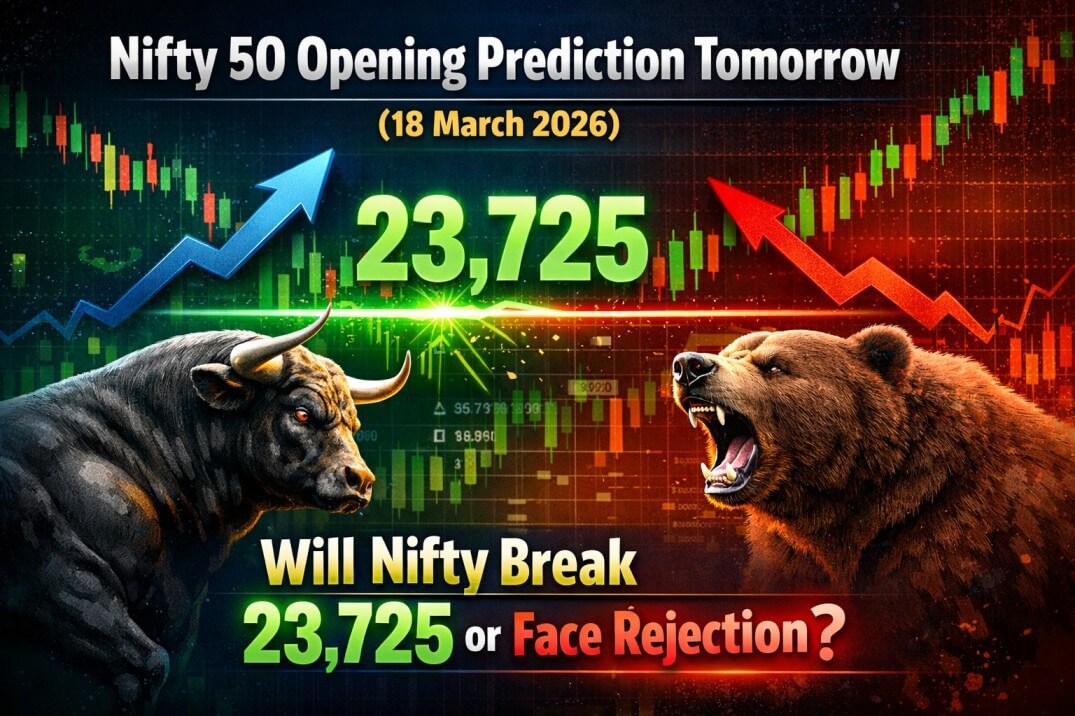 निफ्टी 50 ओपनिंग प्रेडिक्शन कल (18 मार्च 2026): क्या निफ्टी 23,725 के ऊपर ब्रेकआउट करेगा?